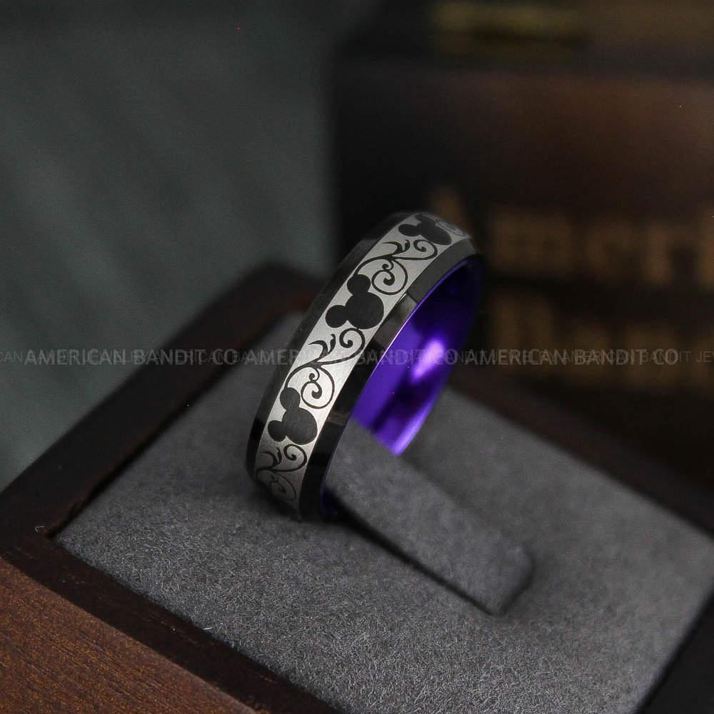 IMG_4823 Mickey Mouse Ring, Mickey Ring, Mickey Mouse Wedding Band, Mickey Mouse Wedding Ring, Black Wedding Band, Purple Ring - Image 1