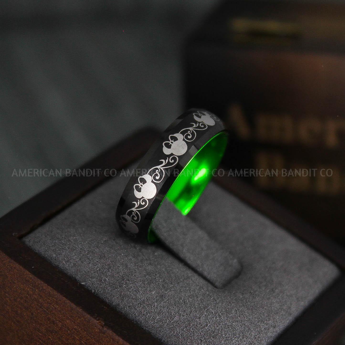 IMG_4827 Minnie Mouse Ring, Minnie Ring, Minnie Mouse Wedding Band, Minnie Mouse Wedding Ring, Black Wedding Band, Green Ring - Image 1