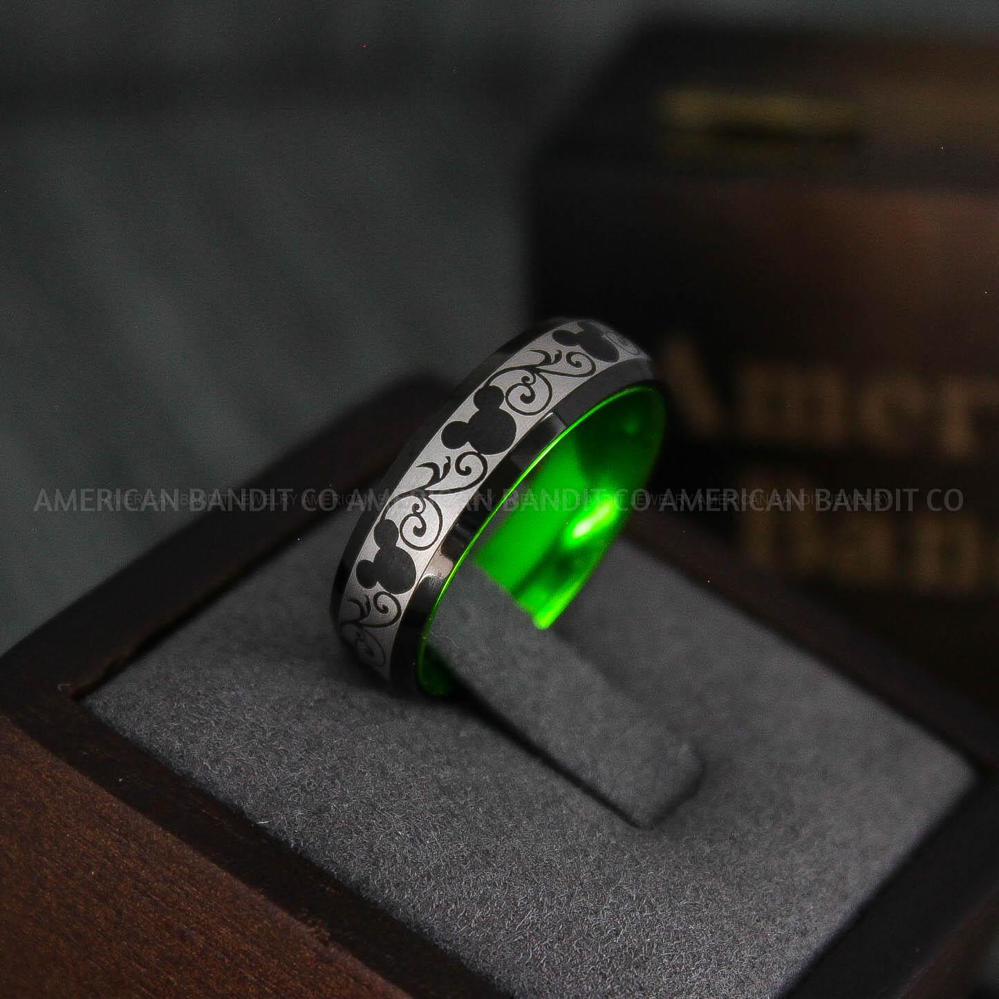 IMG_4844 Mickey Mouse Ring, Mickey Ring, Mickey Mouse Wedding Band, Mickey Mouse Wedding Ring, Black Wedding Band, Green Ring - Image 1