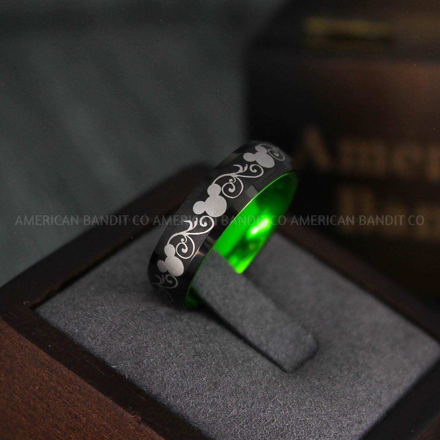 IMG_4846 Mickey Mouse Ring, Mickey Ring, Mickey Mouse Wedding Band, Mickey Mouse Wedding Ring, Black Wedding Band, Green Ring - Image 1