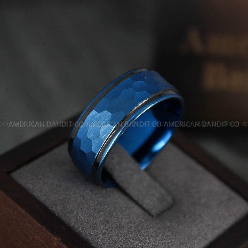 IMG_4862 Blue Tungsten Hammered Wedding Ring, Blue Wedding Ring, Blue Wedding Band - Image 1