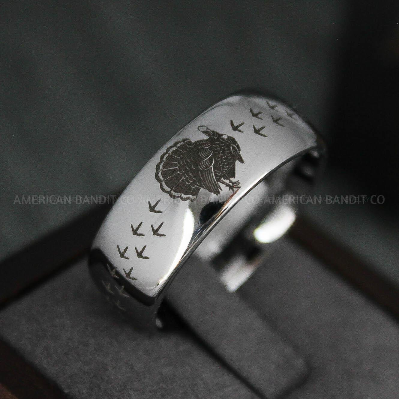 IMG_4913 Wild Turkey Ring, Turkey Hunting Ring, Silver Tungsten Ring, Silver Wedding Band, Hunting Ring, Turkey Tracks Wedding Band, Turkey Tracks Ring - Image 1