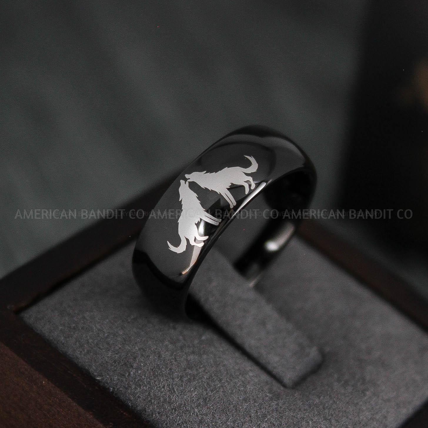 IMG_4938 Howling Wolves Ring, Wolf Ring, Couple Wedding Rings, Couple Rings, Wolves Ring, Wolf Howl Ring, Black Wedding Bands, Matching Wedding Rings - Image 1