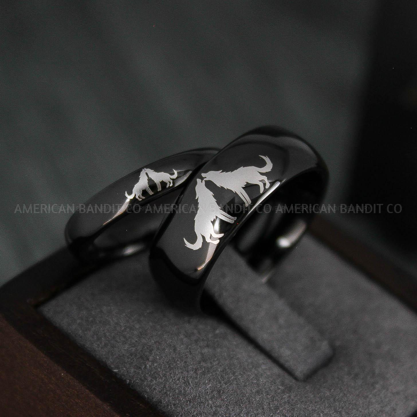 IMG_4939 Howling Wolves Ring, Wolf Ring, Black Ring, Black Tungsten Ring, Wolves Ring, Wolf Howl Ring, Black Wedding Bands, Matching Wedding Rings - Image 1