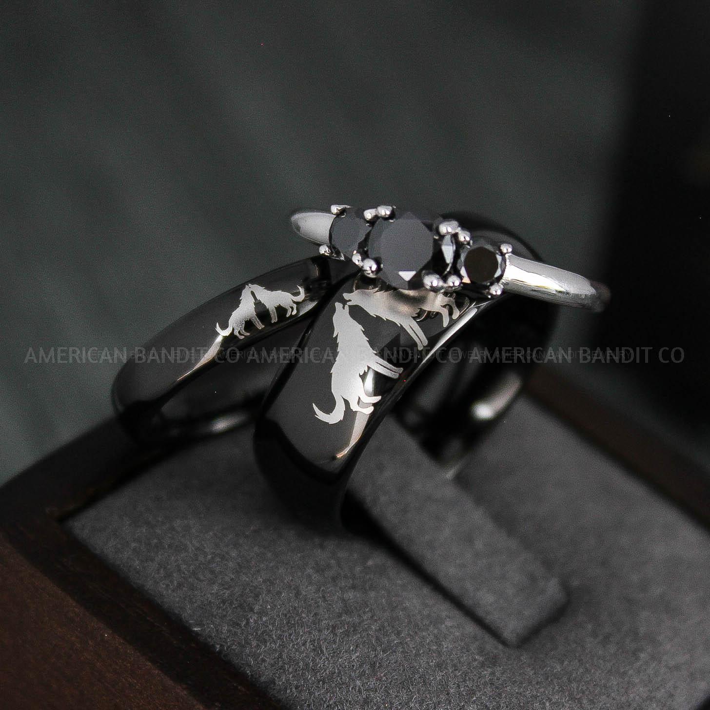 IMG_4940 Howling Wolves Rings, Wolf Rings, Couple Rings, Black Rings, Black Tungsten Rings, Wolves Rings, Wolf Howl Rings, Black Wedding Bands - Image 1