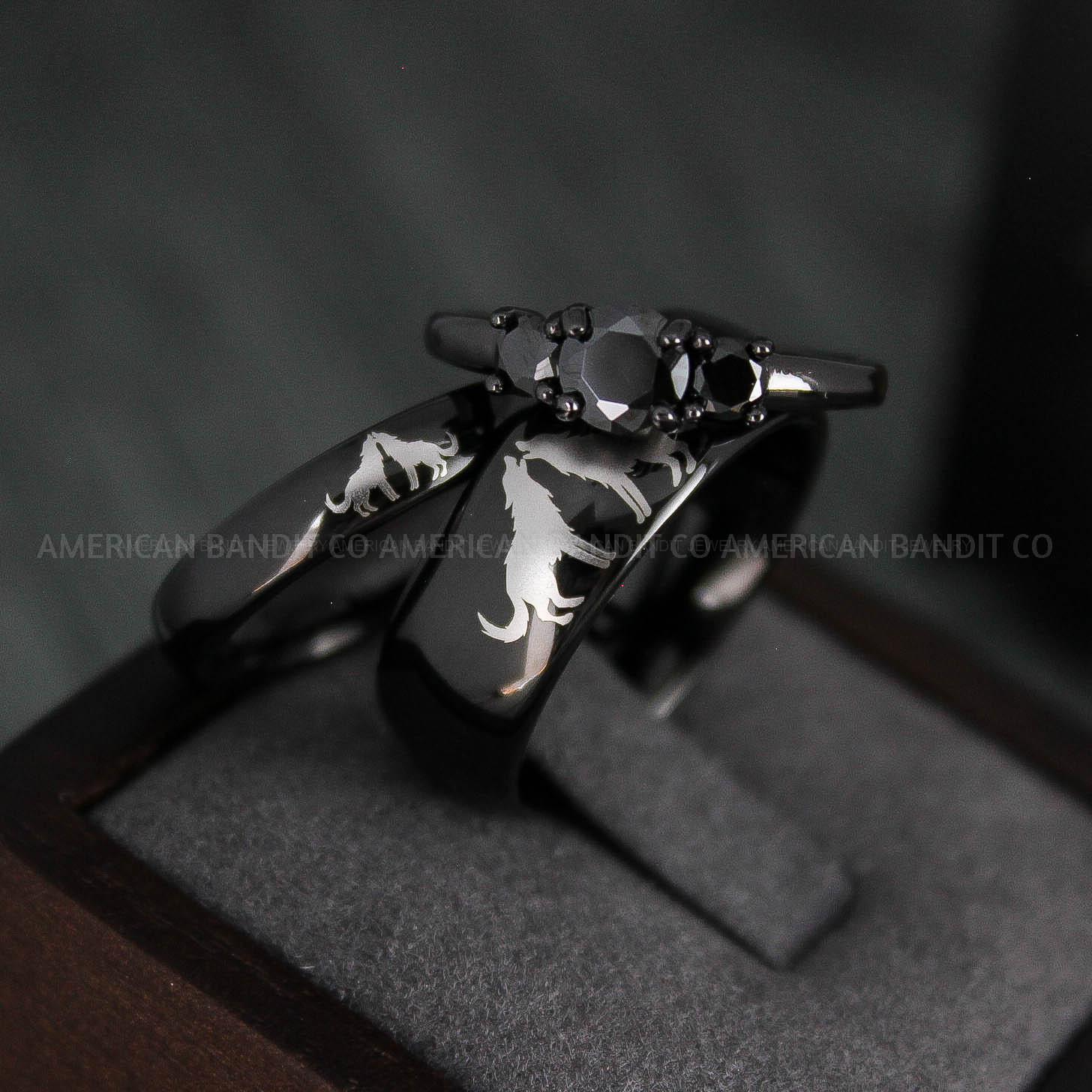 IMG_4941 Howling Wolves Rings, Wolf Rings, Couple Rings, Black Rings, Black Tungsten Rings, Wolves Rings, Wolf Howl Rings, Black Wedding Bands - Image 1
