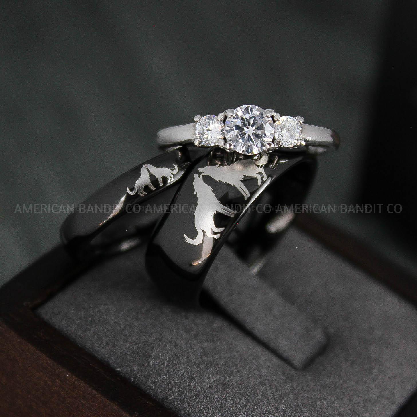 IMG_4942 Howling Wolves Rings, Wolf Rings, Couple Rings, Black Rings, Black Tungsten Rings, Wolves Rings, Wolf Howl Rings, Black Wedding Bands - Image 1
