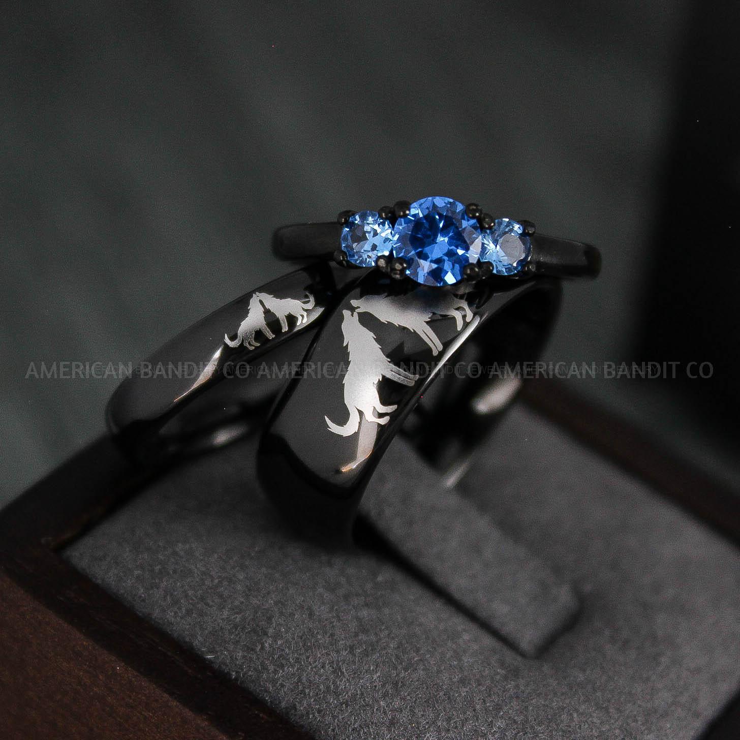 IMG_4943 Howling Wolves Rings, Wolf Rings, Couple Rings, Black Rings, Black Tungsten Rings, Wolves Rings, Wolf Howl Rings, Black Wedding Bands - Image 1