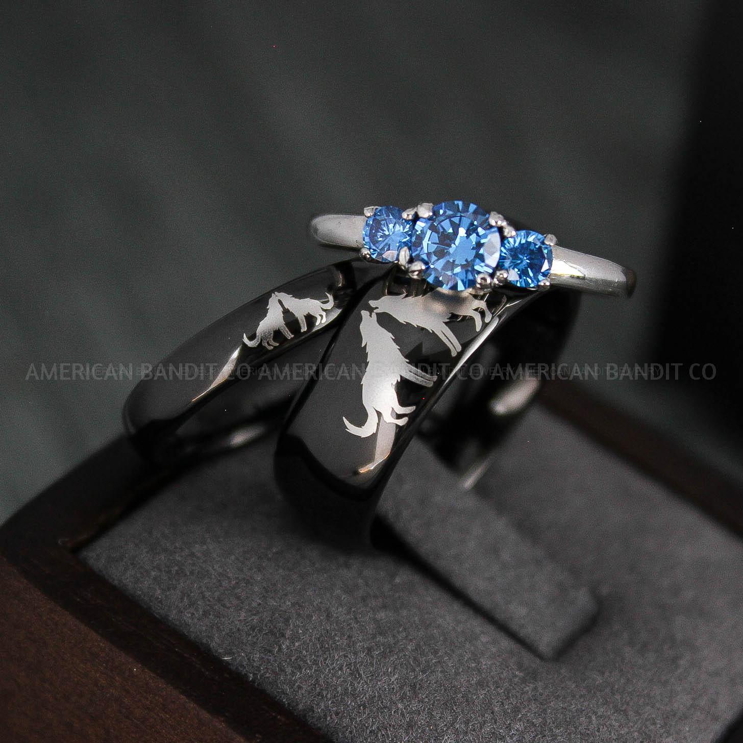 IMG_4944 Howling Wolves Rings, Wolf Rings, Couple Rings, Black Rings, Black Tungsten Rings, Wolves Rings, Wolf Howl Rings, Black Wedding Bands - Image 1