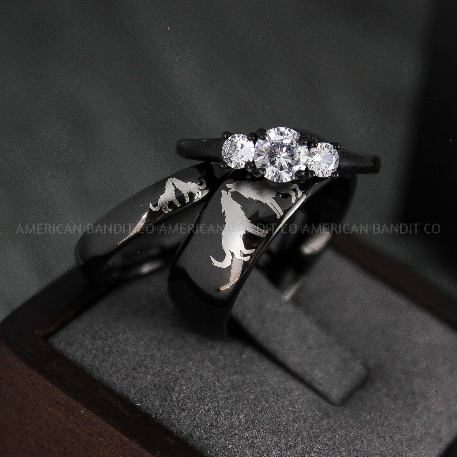 IMG_4945 Howling Wolves Rings, Wolf Rings, Couple Rings, Black Rings, Black Tungsten Rings, Wolves Rings, Wolf Howl Rings, Black Wedding Bands - Image 1