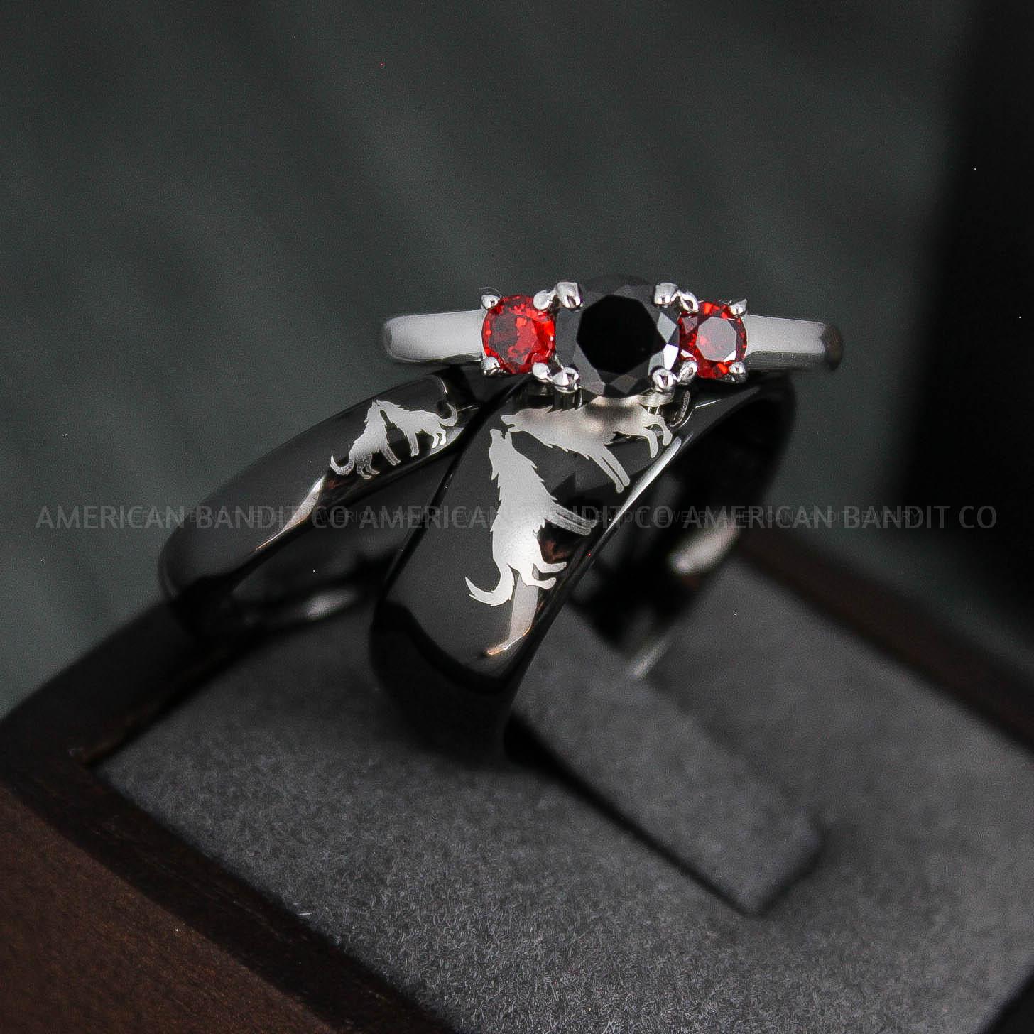IMG_4946 Howling Wolves Rings, Wolf Rings, Couple Rings, Black Rings, Black Tungsten Rings, Wolves Rings, Wolf Howl Rings, Black Wedding Bands - Image 1