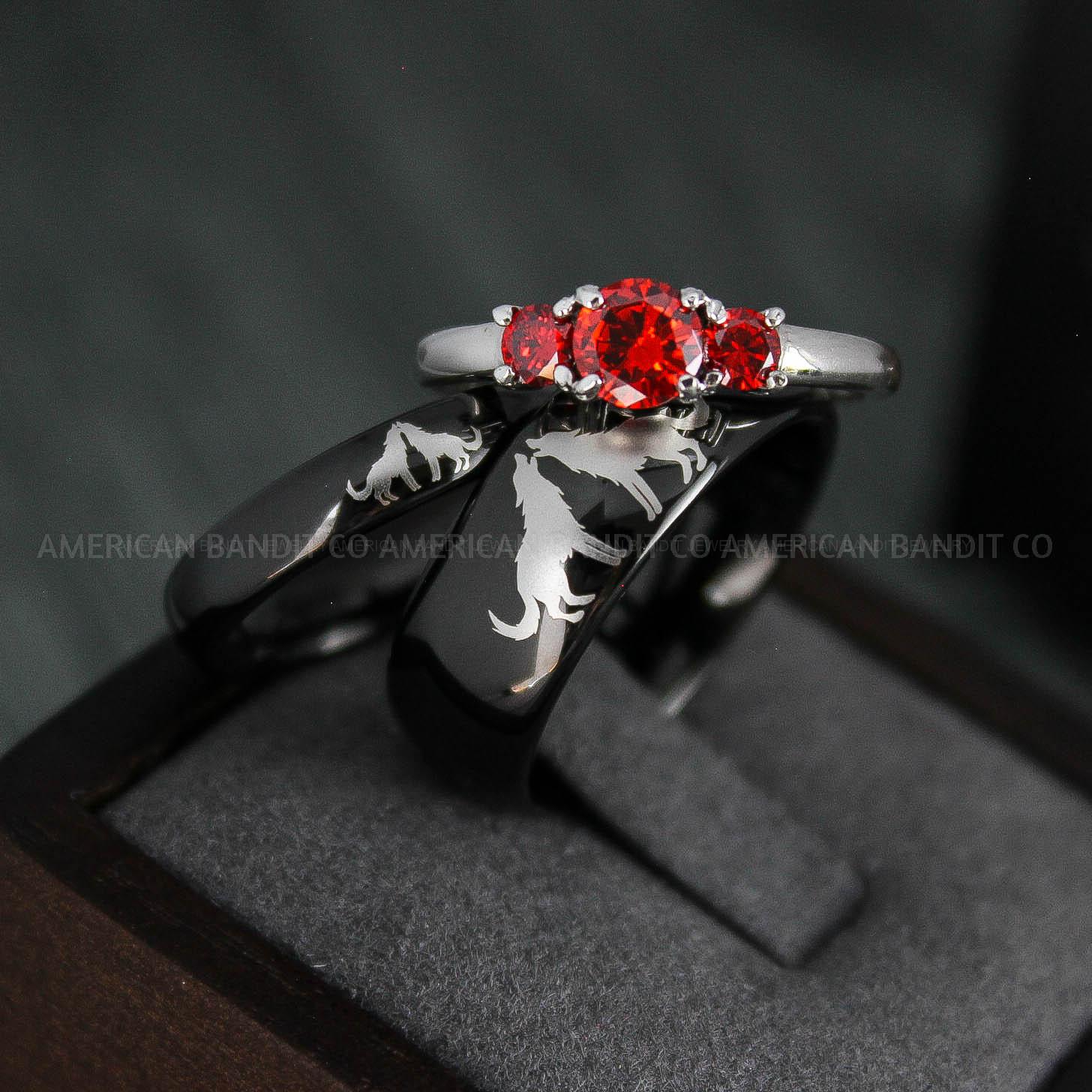 IMG_4947 Howling Wolves Rings, Wolf Rings, Couple Rings, Black Rings, Black Tungsten Rings, Wolves Rings, Wolf Howl Rings, Black Wedding Bands - Image 1
