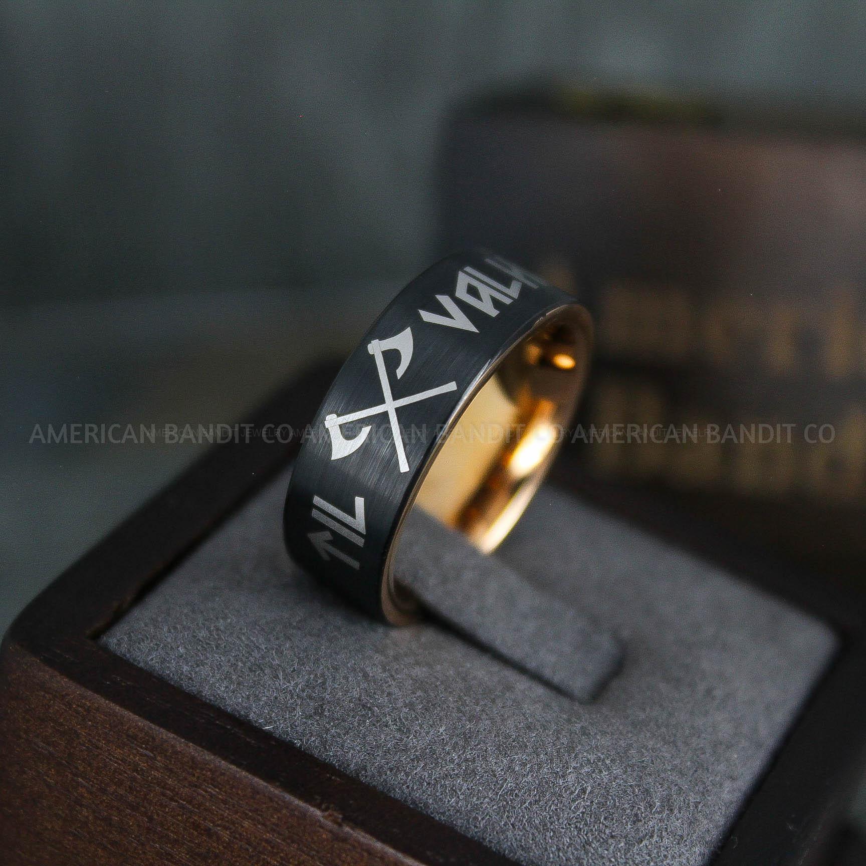 IMG_5085 Til Valhalla Rings, Viking Rings, Runes Rings, Vegvísir Ring, Couple Nordic Rings, Norsemen Rings, Nordic Runes Rings, Black Tungsten Bands - Image 1