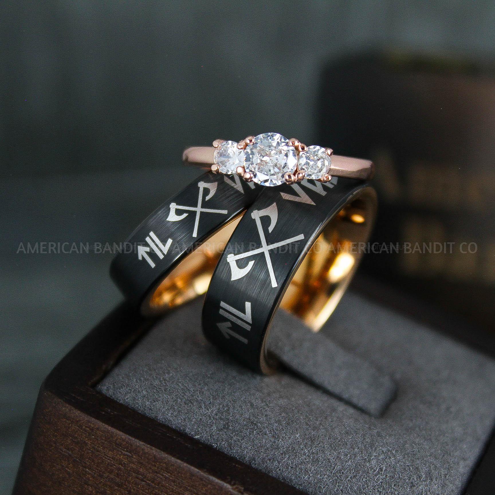 IMG_5089 Til Valhalla Rings, Viking Rings, Runes Rings, Vegvísir Ring, Couple Nordic Rings, Norsemen Rings, Nordic Runes Rings, Black Tungsten Bands - Image 1