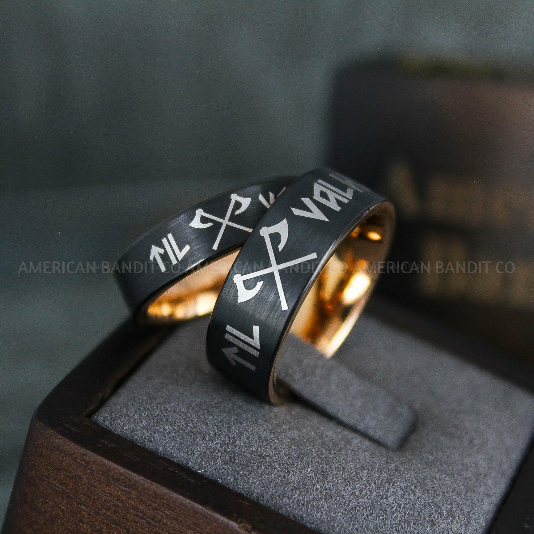 IMG_5090 Til Valhalla Rings, Viking Rings, Runes Rings, Vegvísir Ring, Couple Nordic Rings, Norsemen Rings, Nordic Runes Rings, Black Tungsten Bands - Image 1