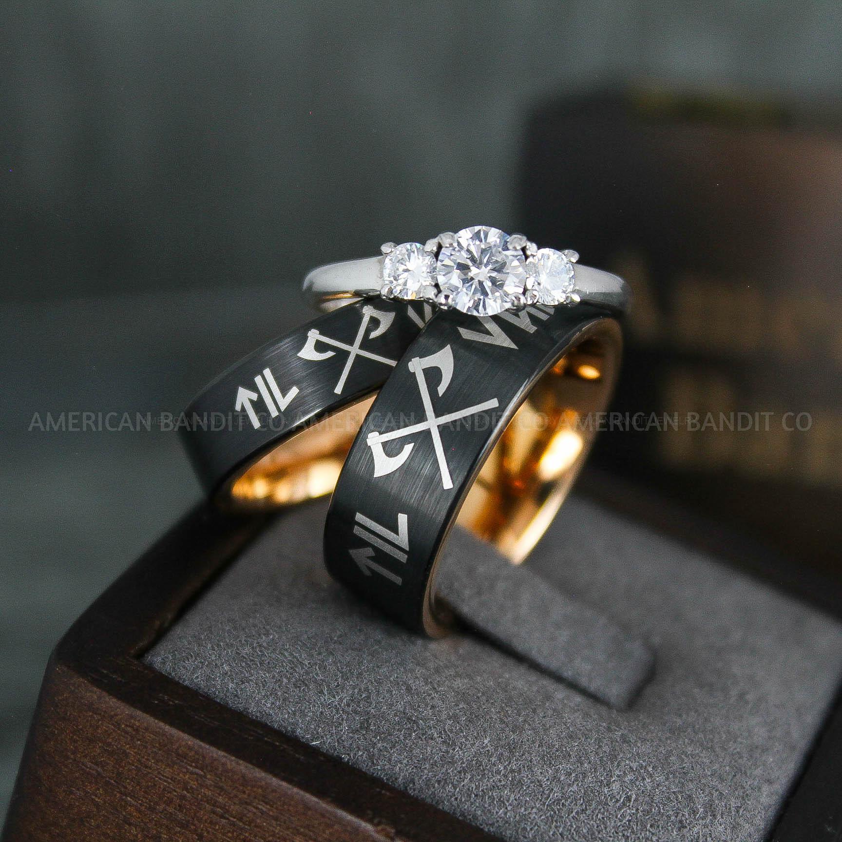 IMG_5091 Til Valhalla Rings, Viking Rings, Runes Rings, Vegvísir Ring, Couple Nordic Rings, Norsemen Rings, Nordic Runes Rings, Black Tungsten Bands - Image 1