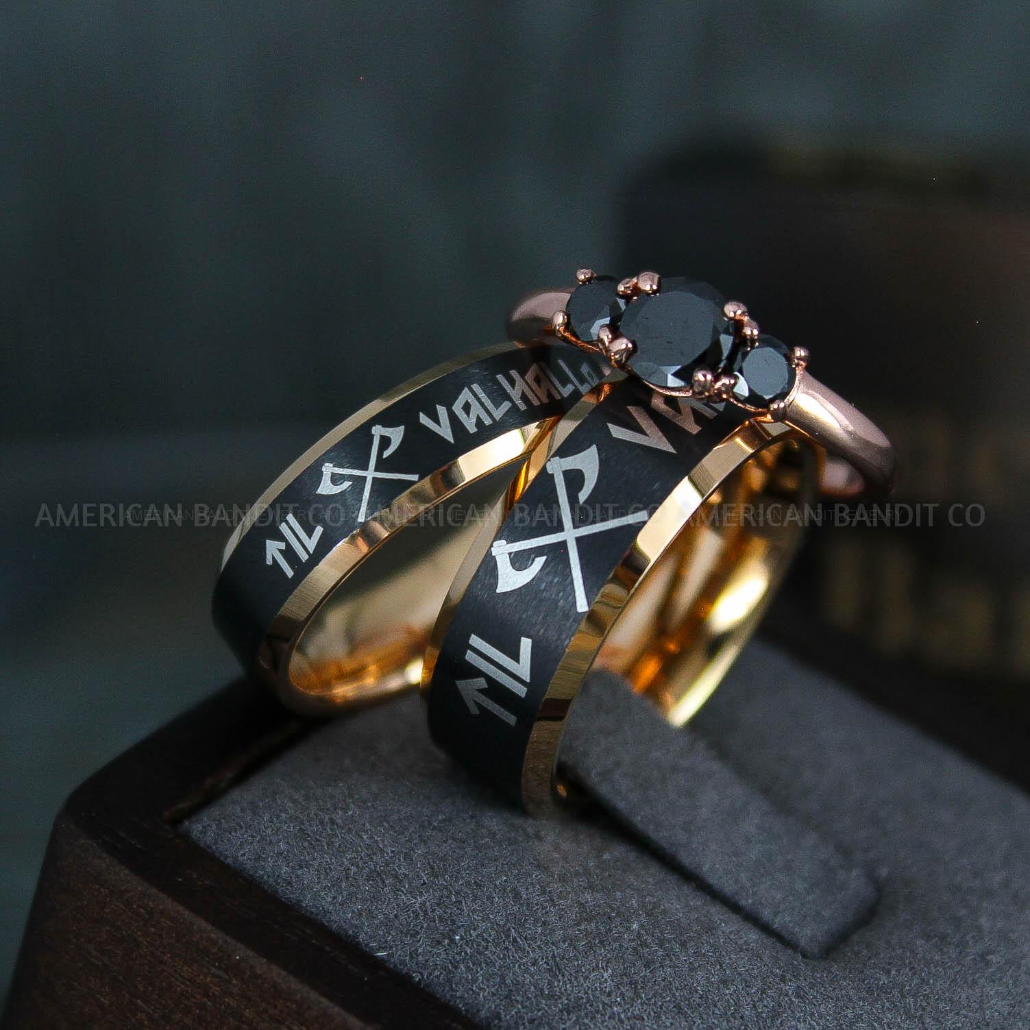 IMG_5104 Til Valhalla Rings, Viking Rings, Runes Rings, Vegvísir Ring, Couple Nordic Rings, Norsemen Rings, Nordic Runes Rings, Black Tungsten Bands - Image 1