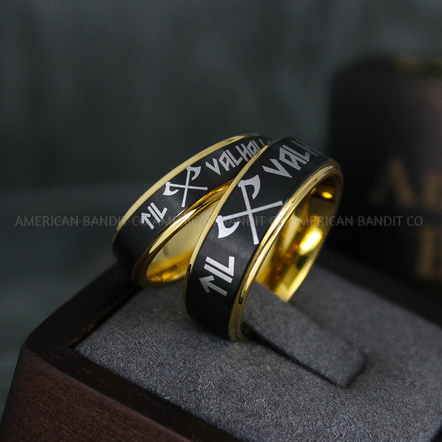 IMG_5108 Til Valhalla Rings, Viking Rings, Runes Rings, Vegvísir Ring, Couple Nordic Rings, Norsemen Rings, Nordic Runes Rings, Black Tungsten Bands - Image 1