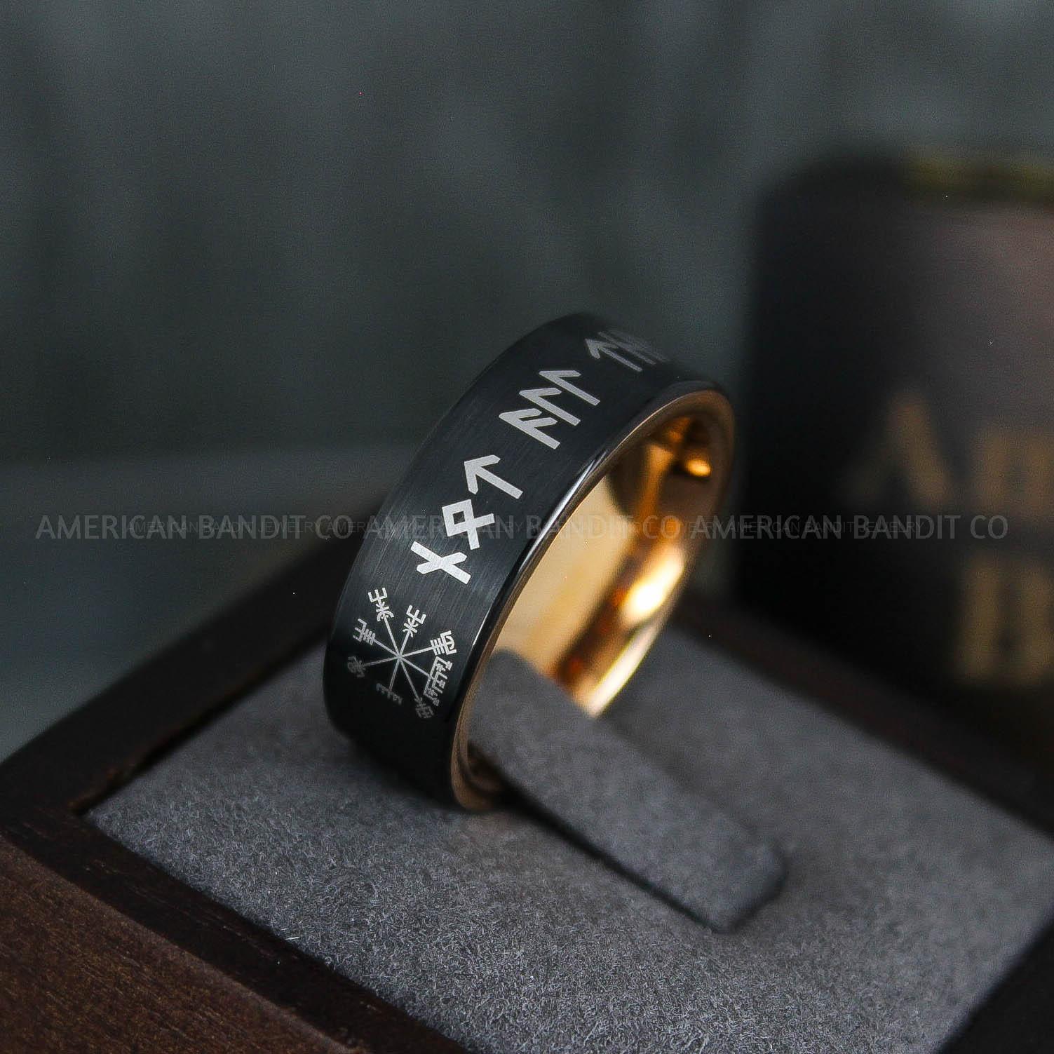 IMG_5110 Til Valhalla Rings, Viking Rings, Runes Rings, Vegvísir Ring, Couple Nordic Rings, Norsemen Rings, Nordic Runes Rings, Black Tungsten Bands - Image 1