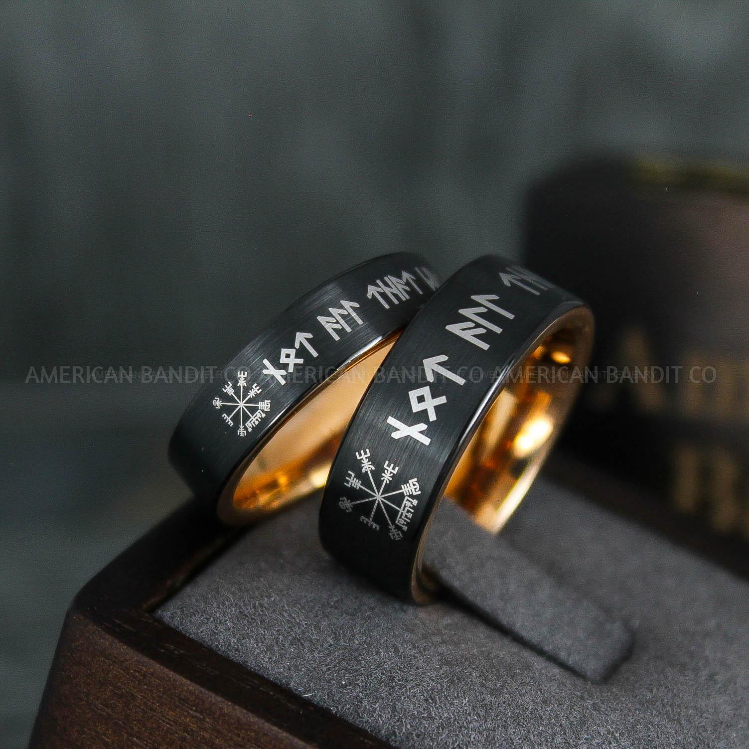 IMG_5111 Til Valhalla Rings, Viking Rings, Runes Rings, Vegvísir Ring, Couple Nordic Rings, Norsemen Rings, Nordic Runes Rings, Black Tungsten Bands - Image 1
