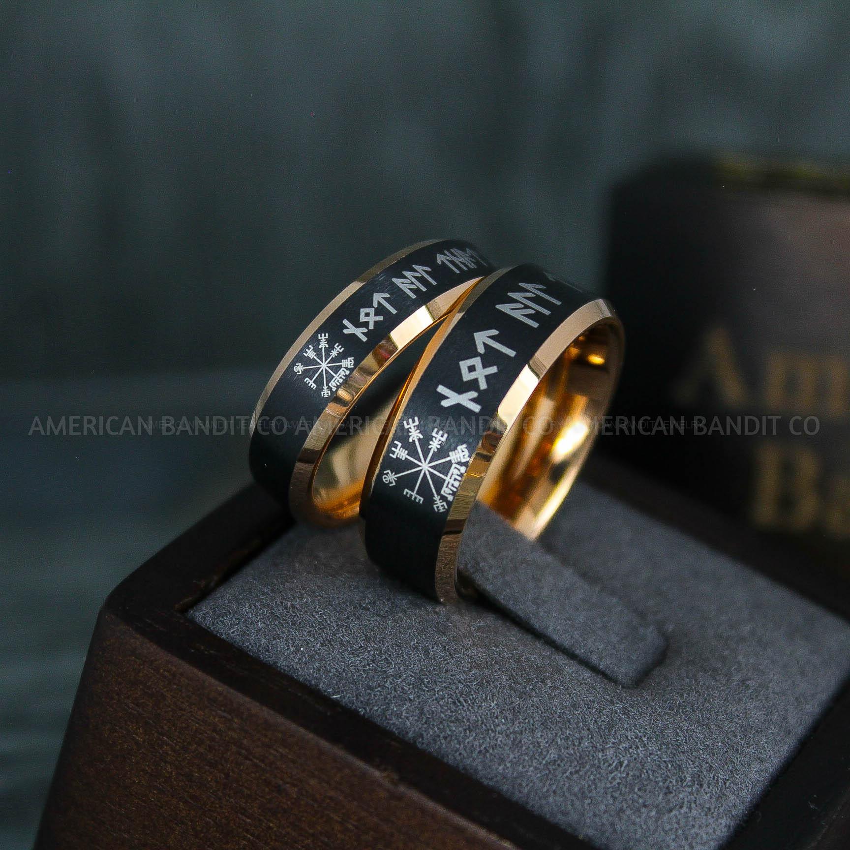 IMG_5114 Til Valhalla Rings, Viking Rings, Runes Rings, Vegvísir Ring, Couple Nordic Rings, Norsemen Rings, Nordic Runes Rings, Black Tungsten Bands - Image 1
