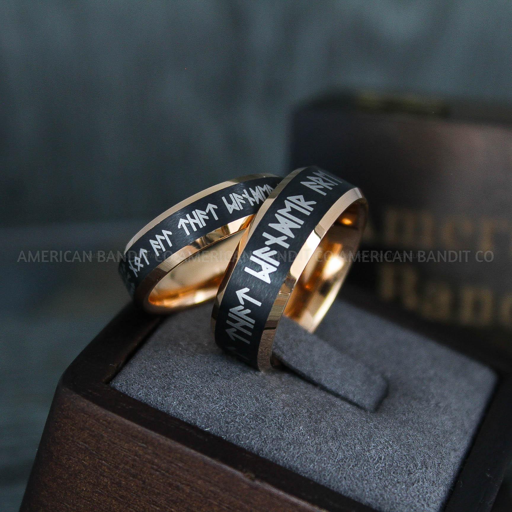 IMG_5117 Til Valhalla Rings, Viking Rings, Runes Rings, Vegvísir Ring, Couple Nordic Rings, Norsemen Rings, Nordic Runes Rings, Black Tungsten Bands - Image 1