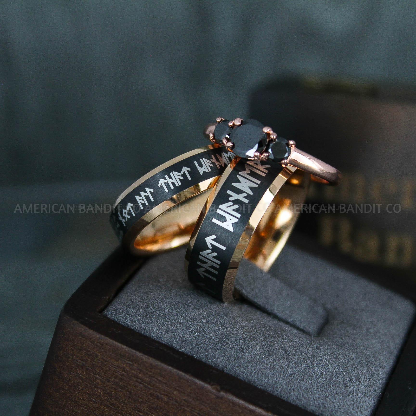 IMG_5118 Til Valhalla Rings, Viking Rings, Runes Rings, Vegvísir Ring, Couple Nordic Rings, Norsemen Rings, Nordic Runes Rings, Black Tungsten Bands - Image 1
