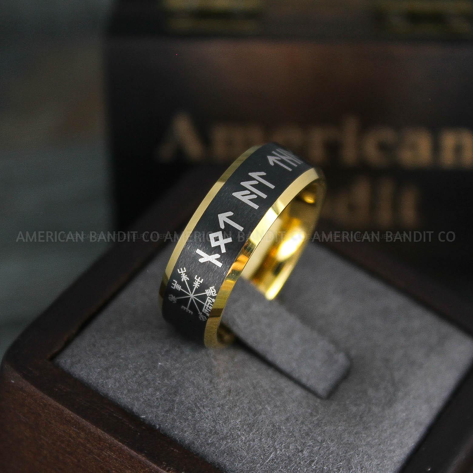 IMG_5161 Til Valhalla Rings, Viking Rings, Runes Rings, Vegvísir Ring, Couple Nordic Rings, Norsemen Rings, Nordic Runes Rings, Black Tungsten Bands - Image 1