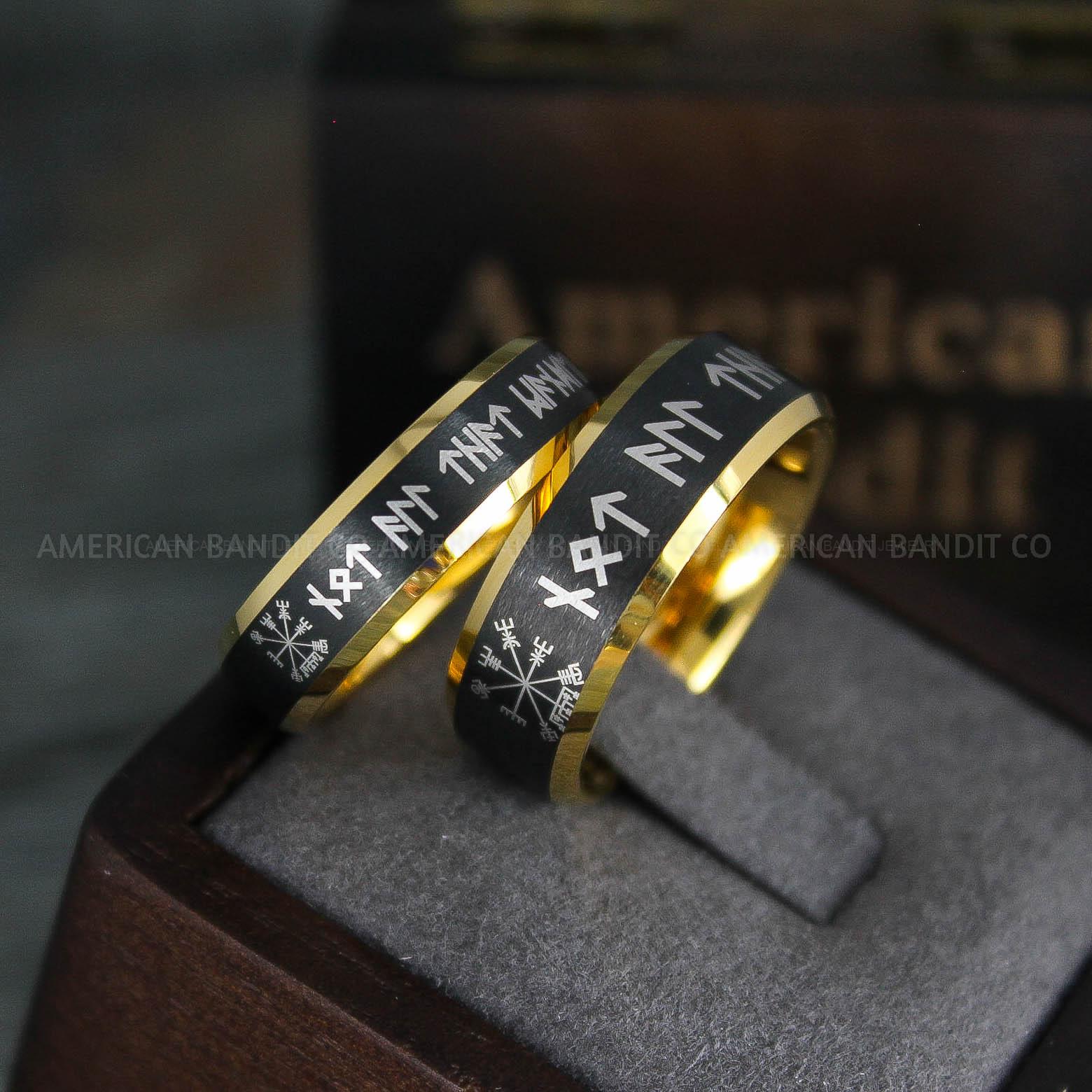 IMG_5163 Til Valhalla Rings, Viking Rings, Runes Rings, Vegvísir Ring, Couple Nordic Rings, Norsemen Rings, Nordic Runes Rings, Black Tungsten Bands - Image 1