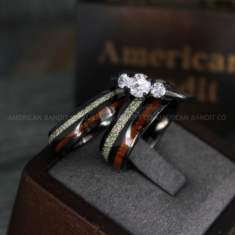 Men's Black Tungsten Wedding Band With Meteorite & Wood Inlay - 8mm Comfort Fit, Sizes 6-13, Brushed Finish - View #4