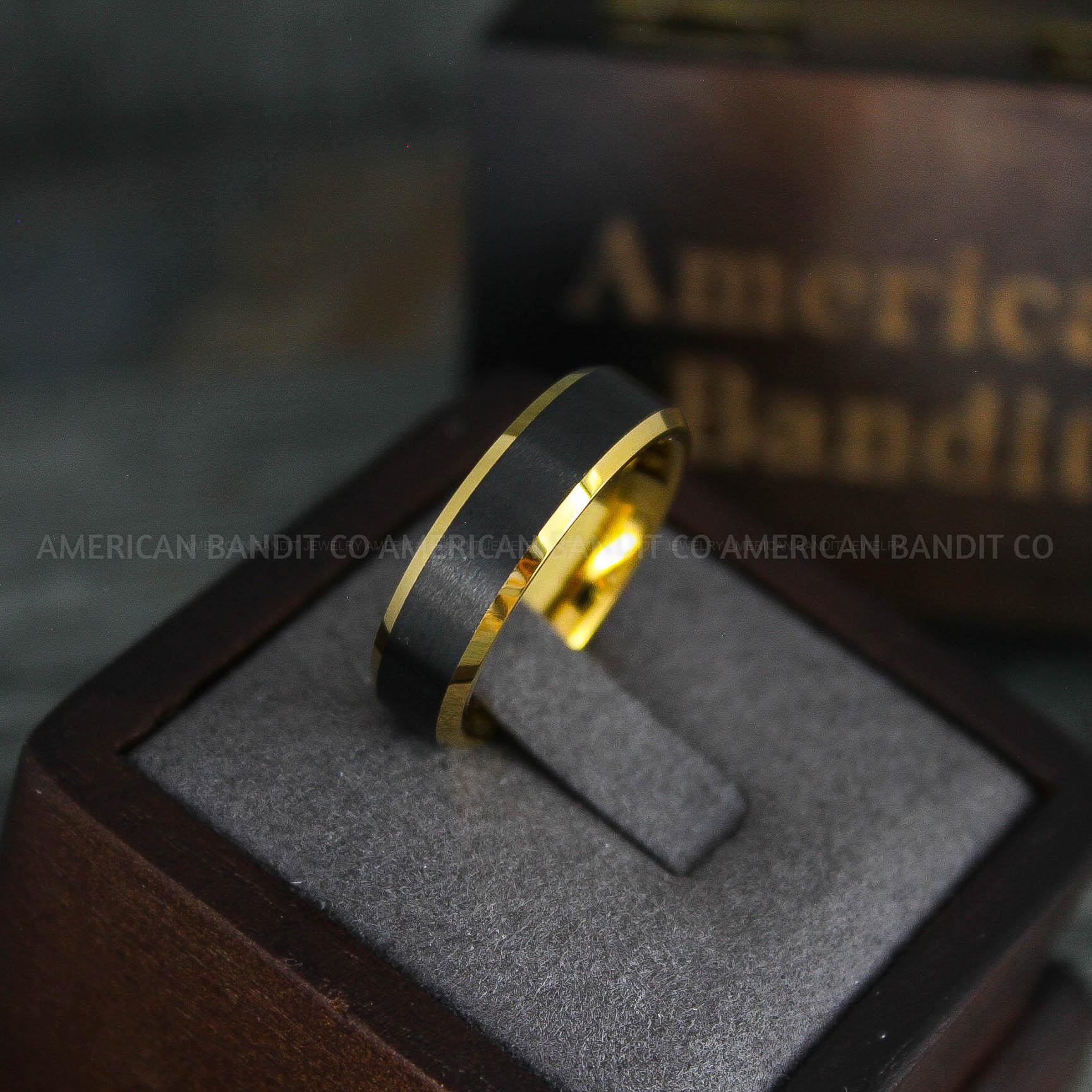 IMG_5191 Black Wedding Band, Black Wedding Ring, Black Tungsten Ring, Yellow Gold Wedding Band - Image 1