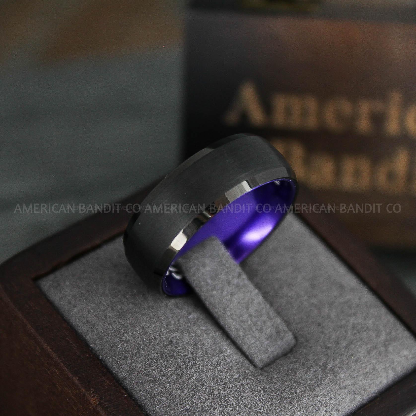 IMG_5204 Black Wedding Band, Black Wedding Ring, Black Tungsten Ring with Purple Interior, Purple Ring - Image 1