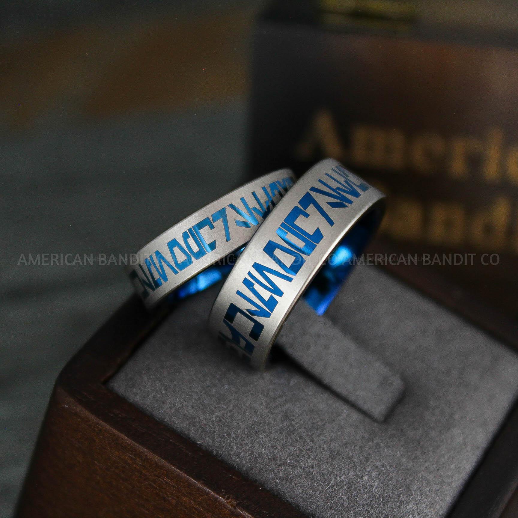 IMG_5221 Aurebesh Rings, Aurebesh Wedding Bands, Blue Wedding Bands, Aurebesh Wedding Rings, Aurebesh Jewelry - Image 1