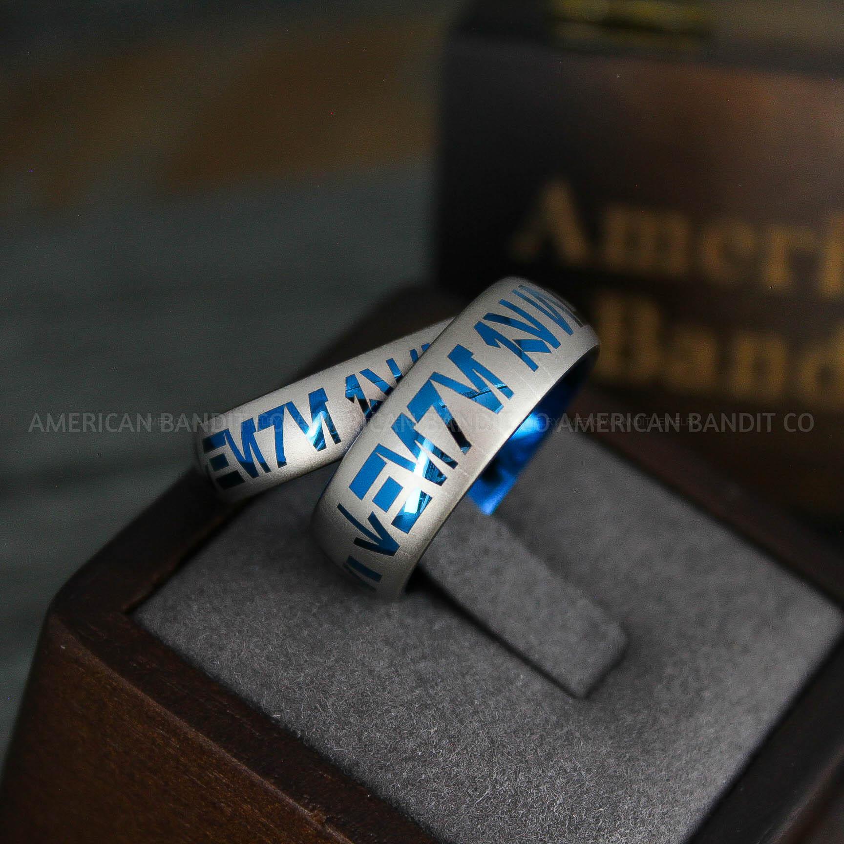 IMG_5225 Aurebesh Rings, Aurebesh Wedding Bands, Blue Wedding Bands, Aurebesh Wedding Rings, Aurebesh Jewelry - Image 1