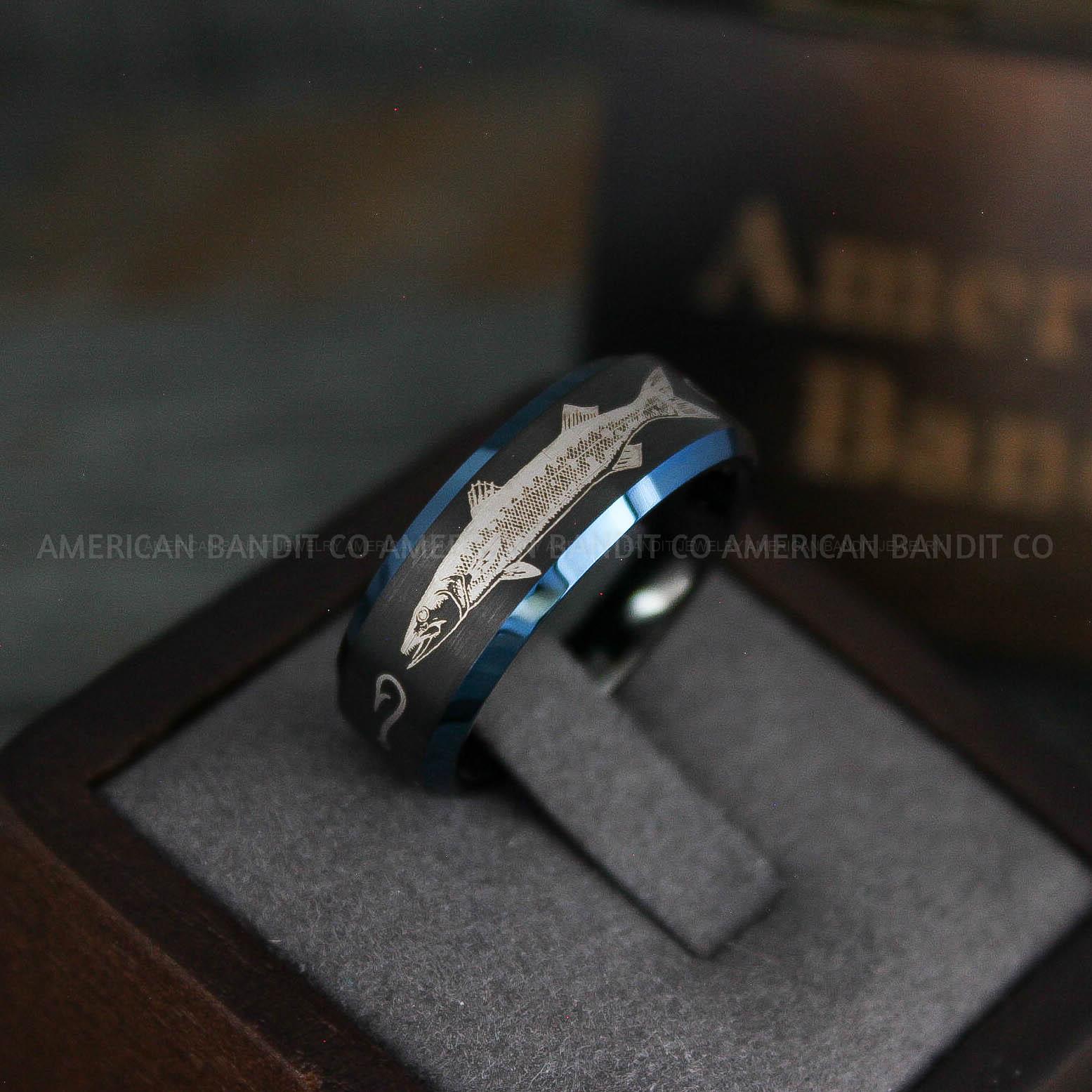 IMG_5304 Barracuda Ring, Fisherman Ring, Barracuda Jewelry, Fishing Ring, 8mm Black Tungsten Band with Beveled Edge Barracuda Fish Ring, Hunting Ring, Fish Hooks Ring - Image 1