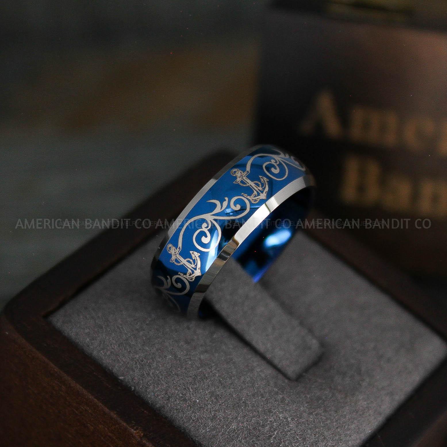 IMG_5305 Nautical Ring, Anchor Ring, Blue Anchor Ring, Blue Wedding Ring, Blue Nautical Ring, Blue Wedding Band, Blue Anchor Tungsten Ring - Image 1