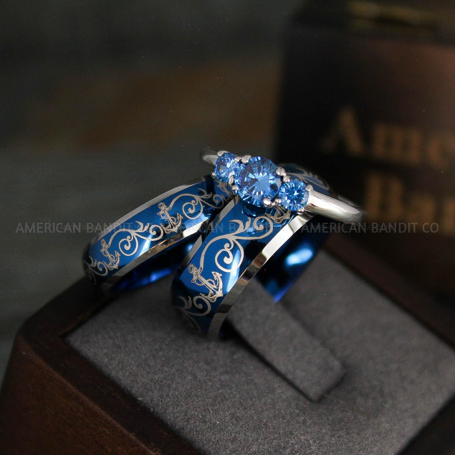 IMG_5307 Nautical Rings, Anchor Rings, Blue Anchor Rings, Blue Couple Wedding Rings, Blue Nautical Rings, Blue Wedding Bands, Blue Anchor Tungsten Rings - Image 1