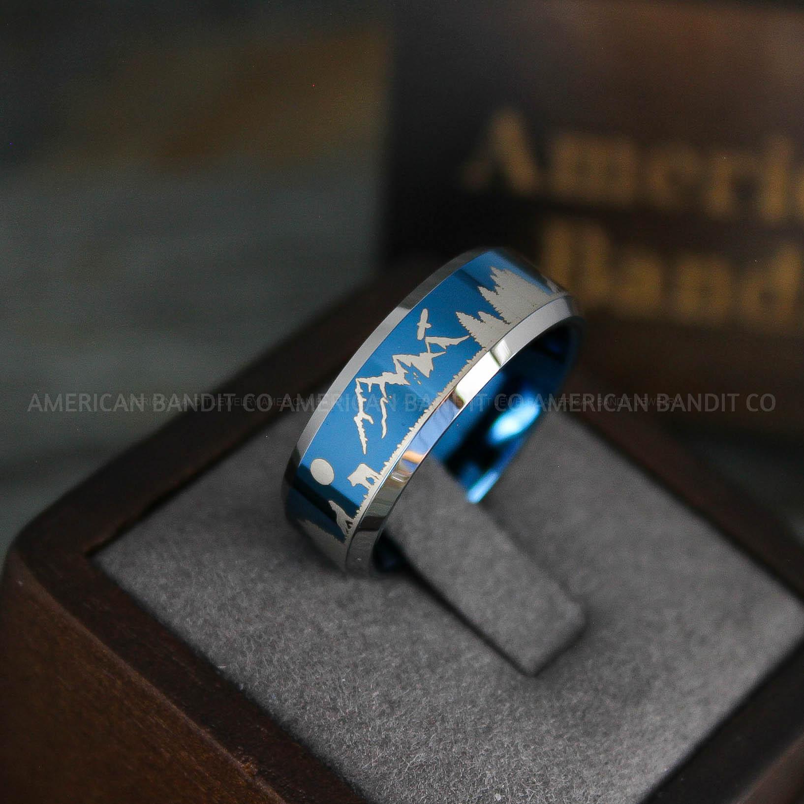 IMG_5321 Forest Ring, Mountain Range Ring, Mountains Scene Ring, Wolf Ring, Hunting Wedding Band - Image 1