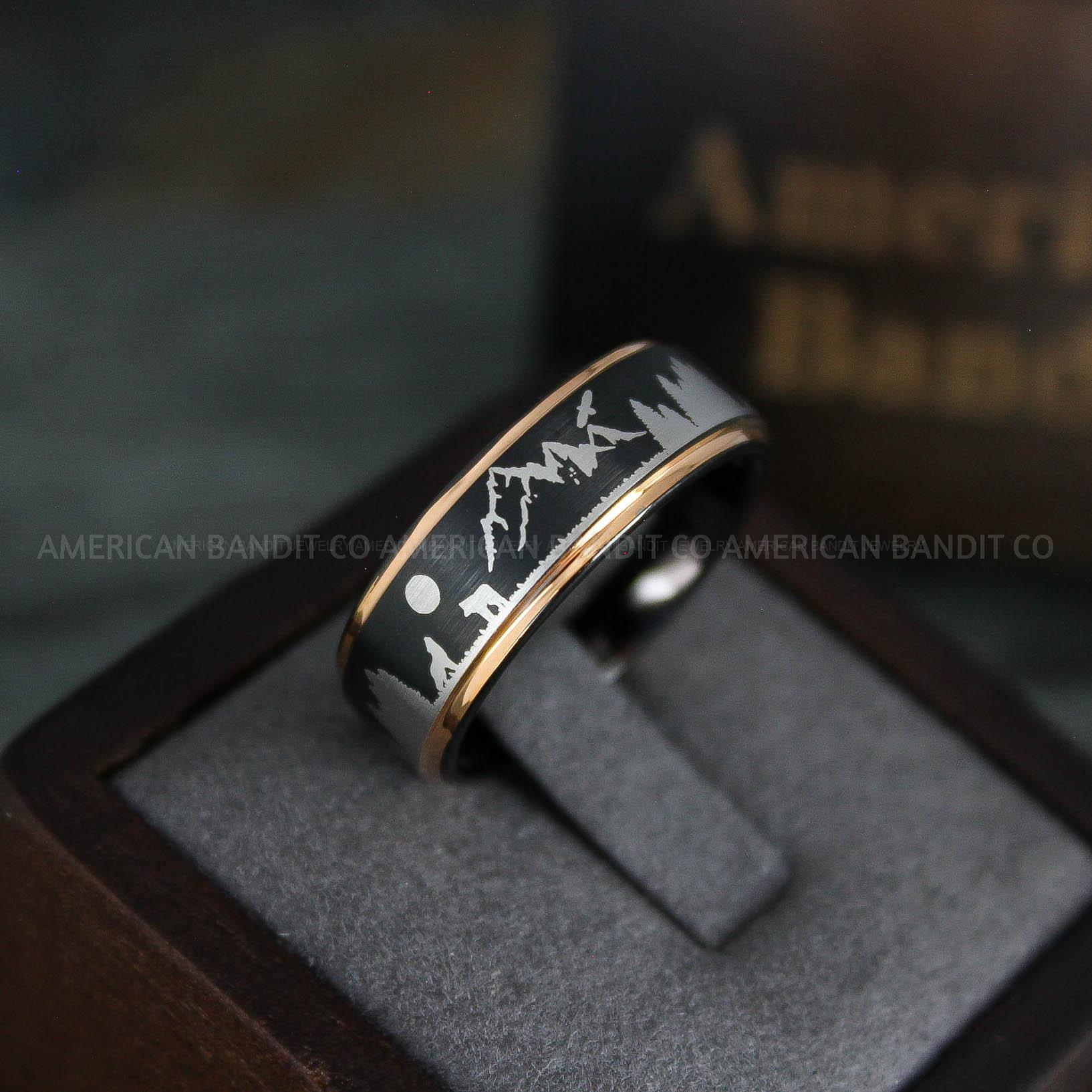 IMG_5327 Forest Ring, Mountain Range Ring, Mountains Scene Ring, Wolf Ring, Hunting Wedding Band - Image 1