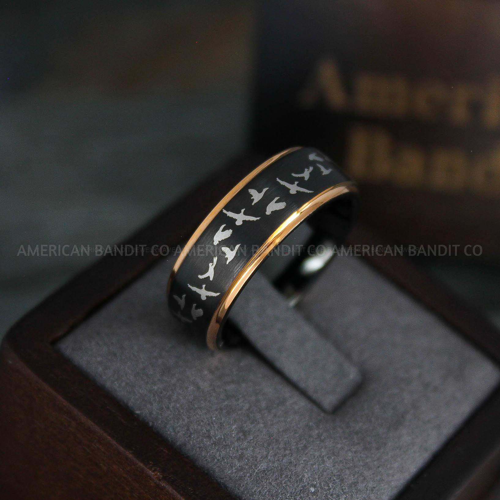 IMG_5328 Flying Geese Rings, Geese Wedding Rings, Goose Hunting Ring, Hunting Jewelry, Black Wedding Band, Duck Hunting Goose Hunting Black Duck Band - Image 1