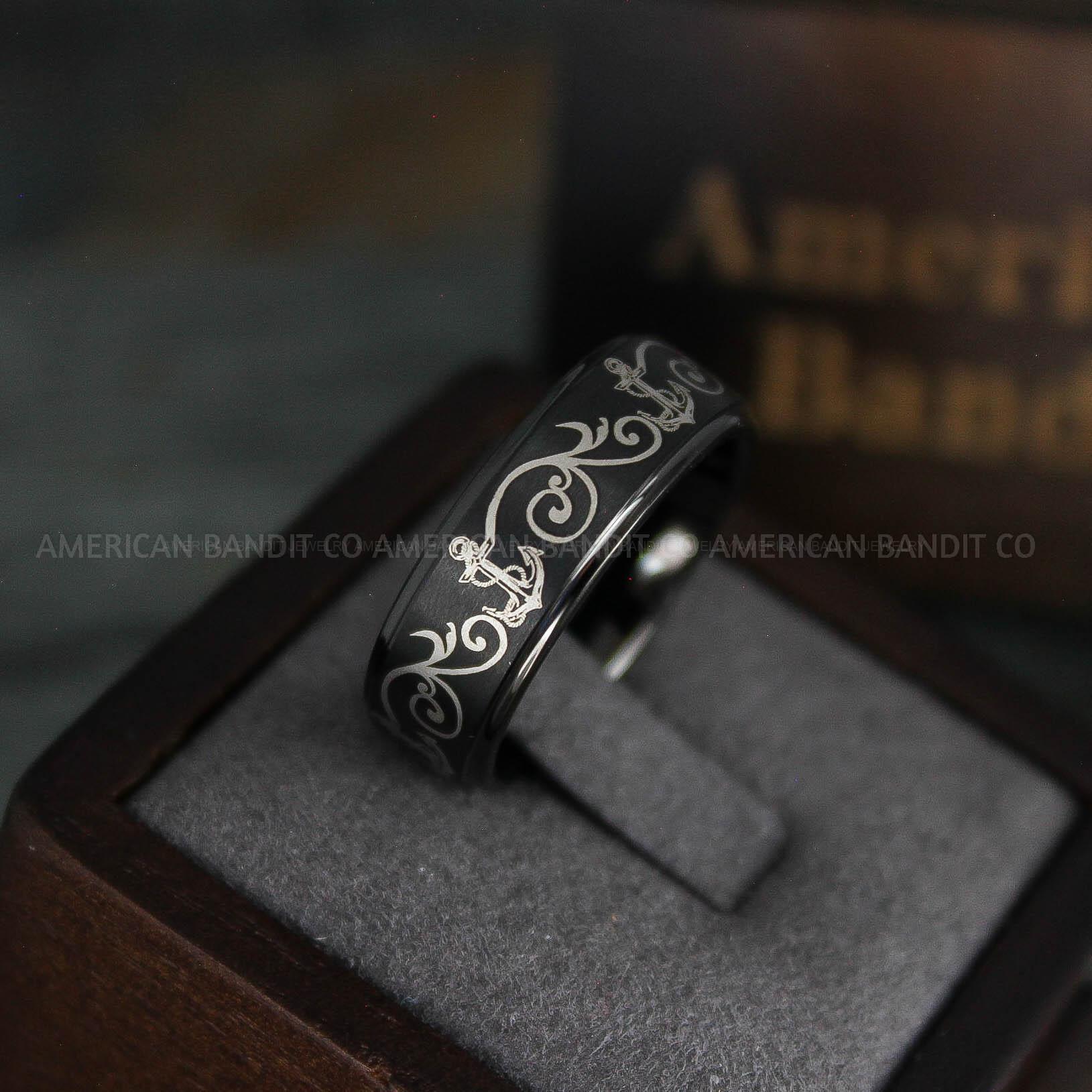 IMG_5352 Nautical Ring, Anchor Ring, Black Anchor Ring, Black Wedding Ring, Black Nautical Ring, Black Wedding Band, Black Anchor Tungsten Ring - Image 1