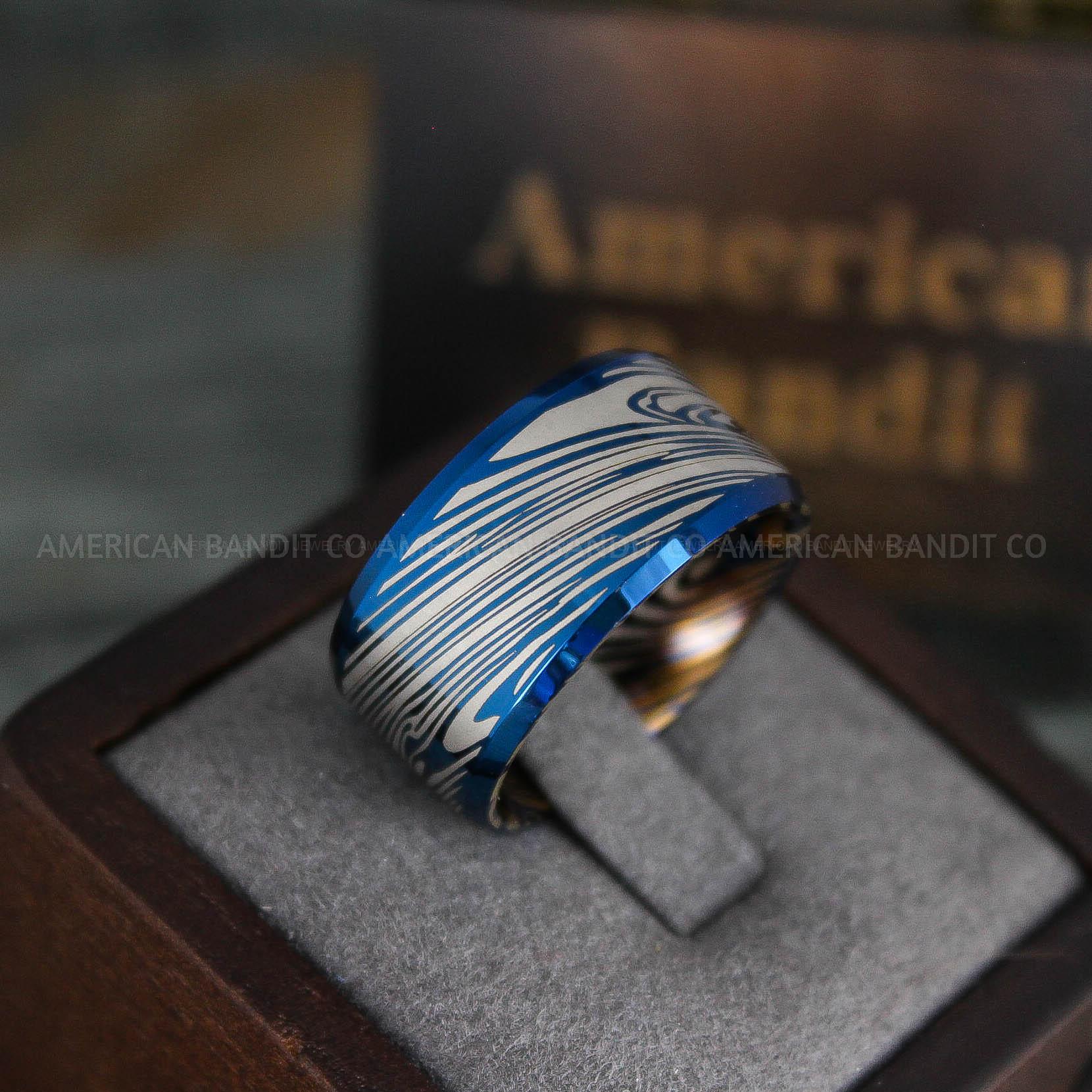 IMG_5371 Damascus Steel Ring, Damascus Steel Wedding Ring, Damascus Steel Wedding Band, Blue Wedding Ring, Blue Damascus Steel Wedding Ring - Image 1