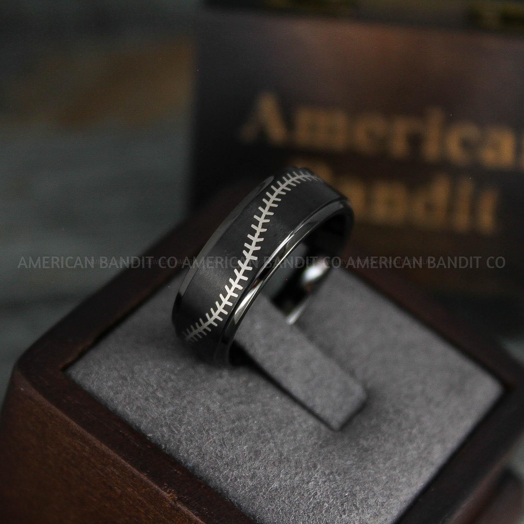 IMG_5386 Baseball Ring, Baseball Wedding Ring, Baseball Wedding Band, Black Ring, Black Wedding Band, Black Baseball Wedding Band, Baseball Jewelry - Image 1