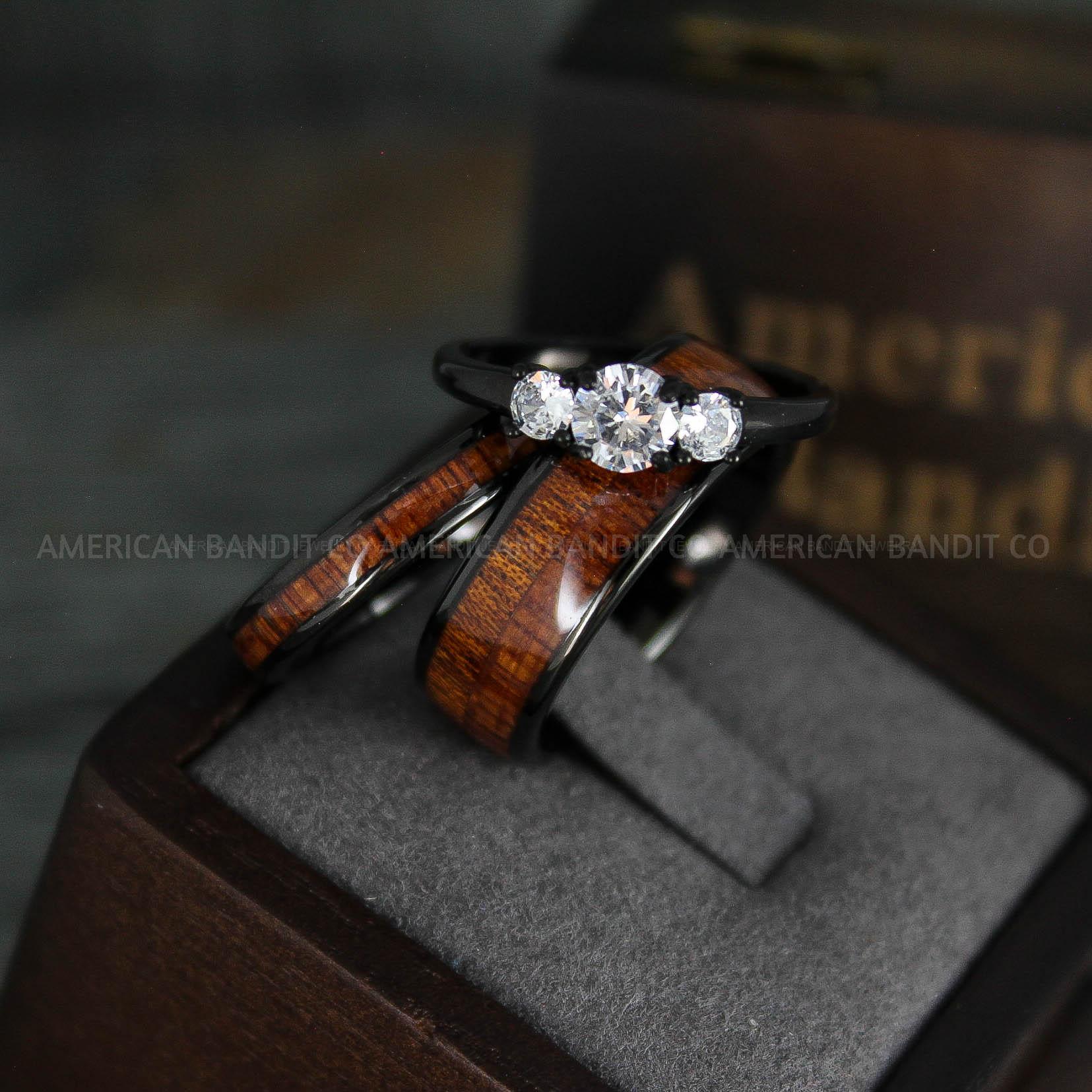 IMG_5400 Wood Rings, Wood Wedding Bands, Wood Wedding Rings, 3 Piece Couple Set Tungsten Bands with Wood Inlay, Couple Rings, Matching Wood Rings - Image 1