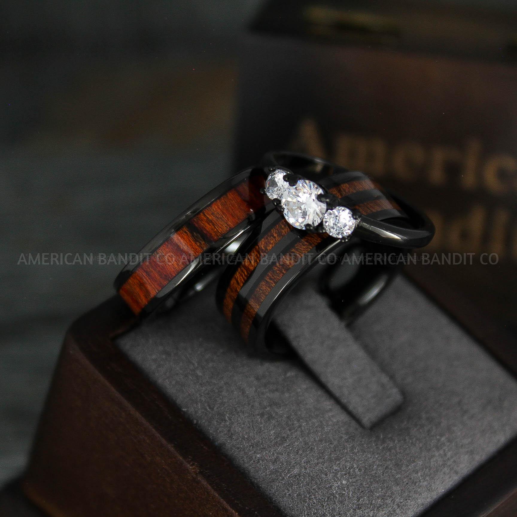 IMG_5408 Wood Rings, Wood Wedding Bands, Wood Wedding Rings, 3 Piece Couple Set Tungsten Bands with Wood Inlay, Couple Rings, Matching Wood Rings - Image 1