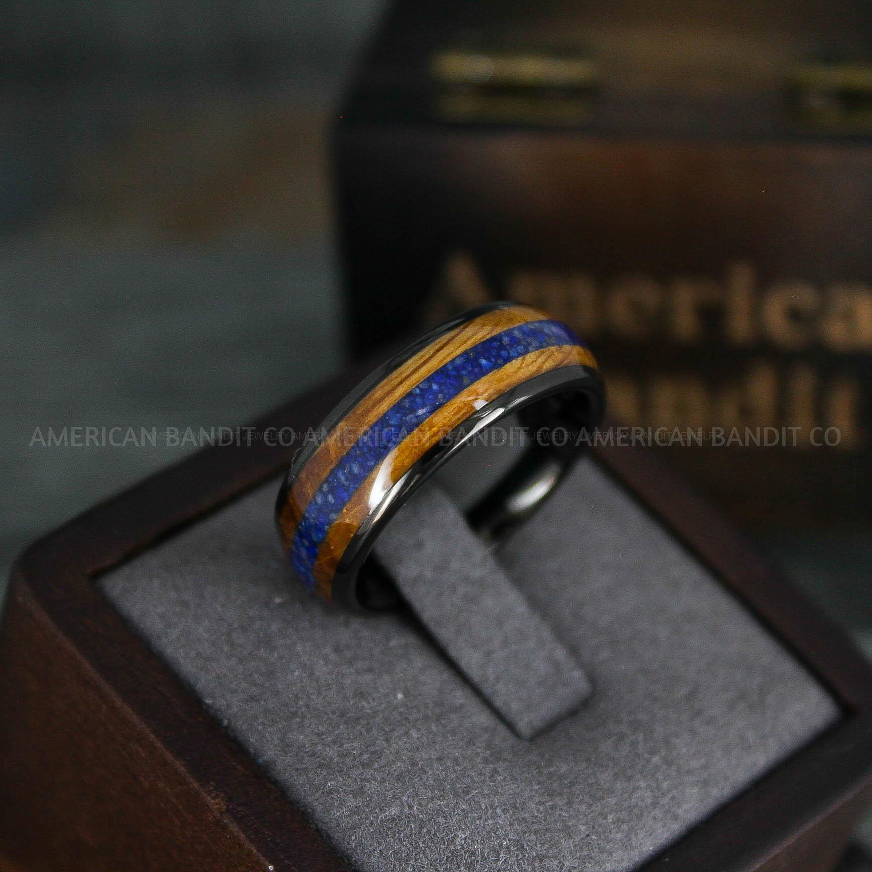 IMG_5447 Blue Opal Ring, Whiskey Barrel Wood Ring, Opal Wedding Band, Galaxy Ring, Galaxy Wedding Band, Crushed Opal Wedding Ring - Image 1