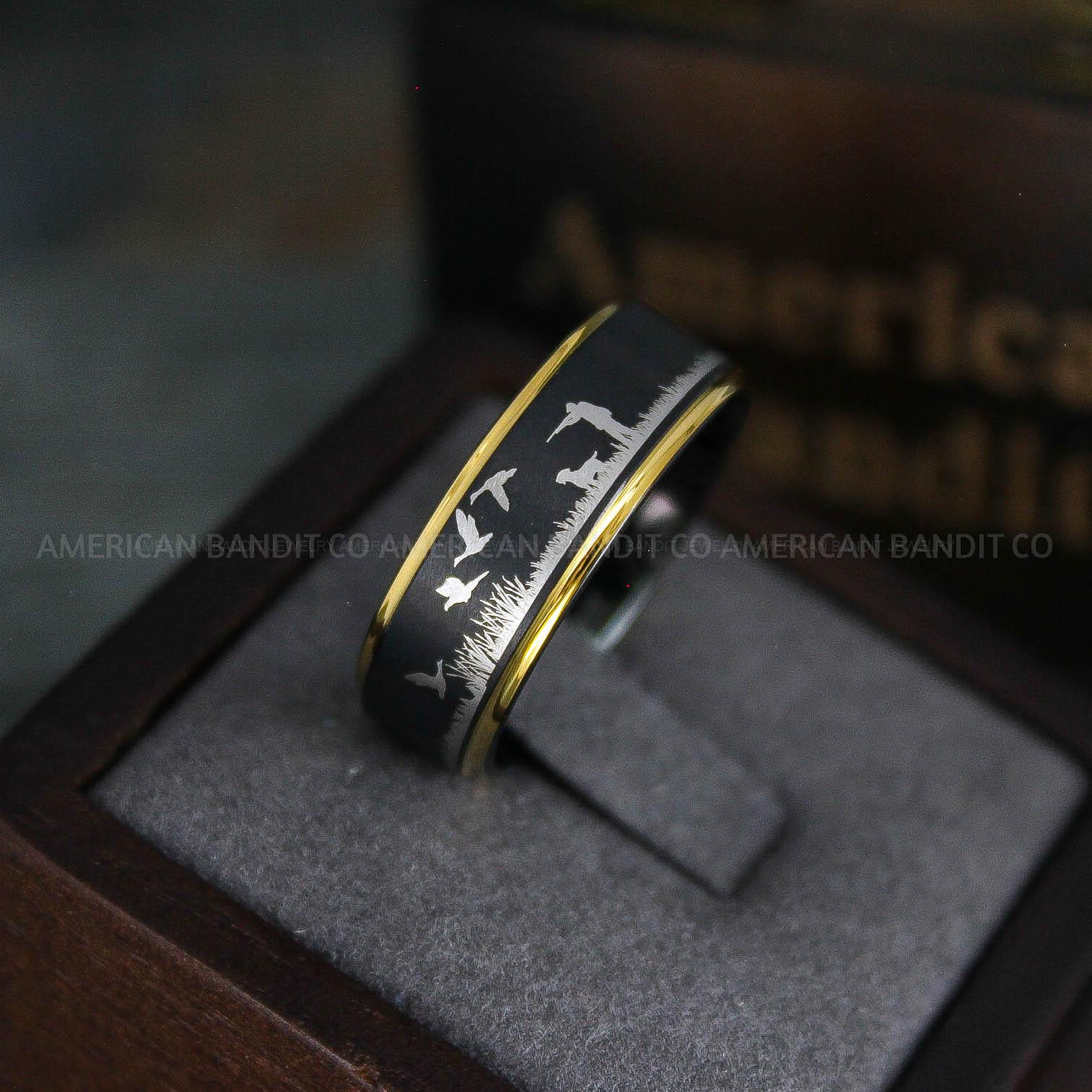 IMG_5457 Flying Geese Rings, Geese Wedding Rings, Goose Hunting Ring, Hunting Jewelry, Black Wedding Band, Duck Hunting Goose Hunting Black Duck Band - Image 1