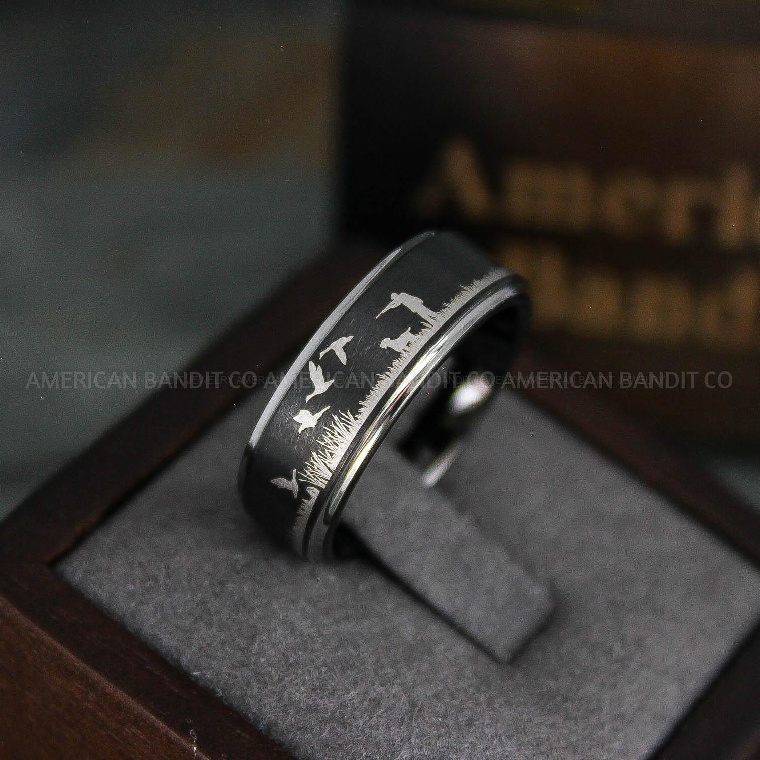 IMG_5467 Flying Geese Rings, Geese Wedding Rings, Goose Hunting Ring, Hunting Jewelry, Black Wedding Band, Duck Hunting Goose Hunting Black Duck Band - Image 1