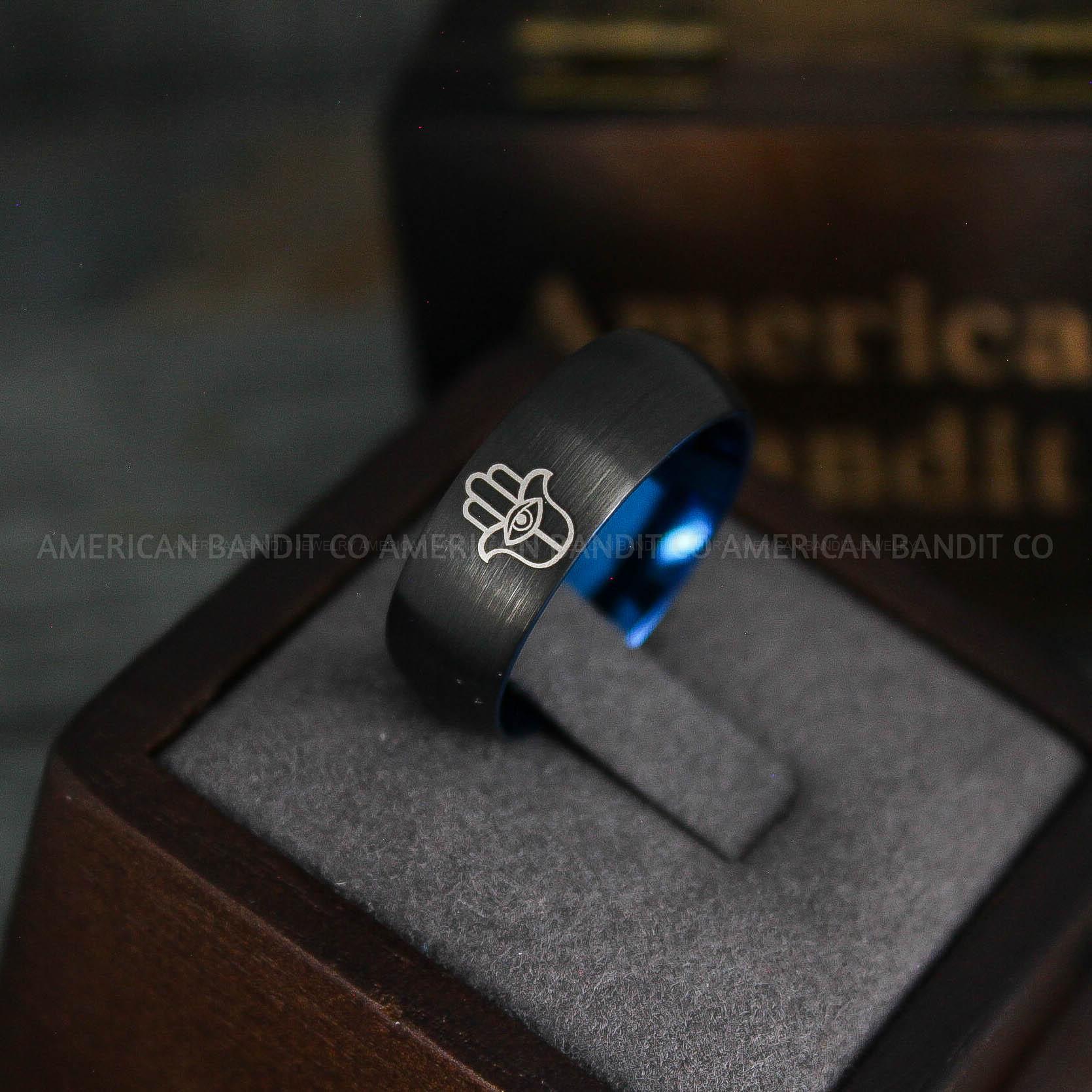 IMG_5498 Hamsa Ring, Evil Eye Ring, Ancient Egyptian Symbol of Protection Royal Power and Good Health Design Ring, Hand of Fatima Jewelry, Black Tungsten Ring - Image 1