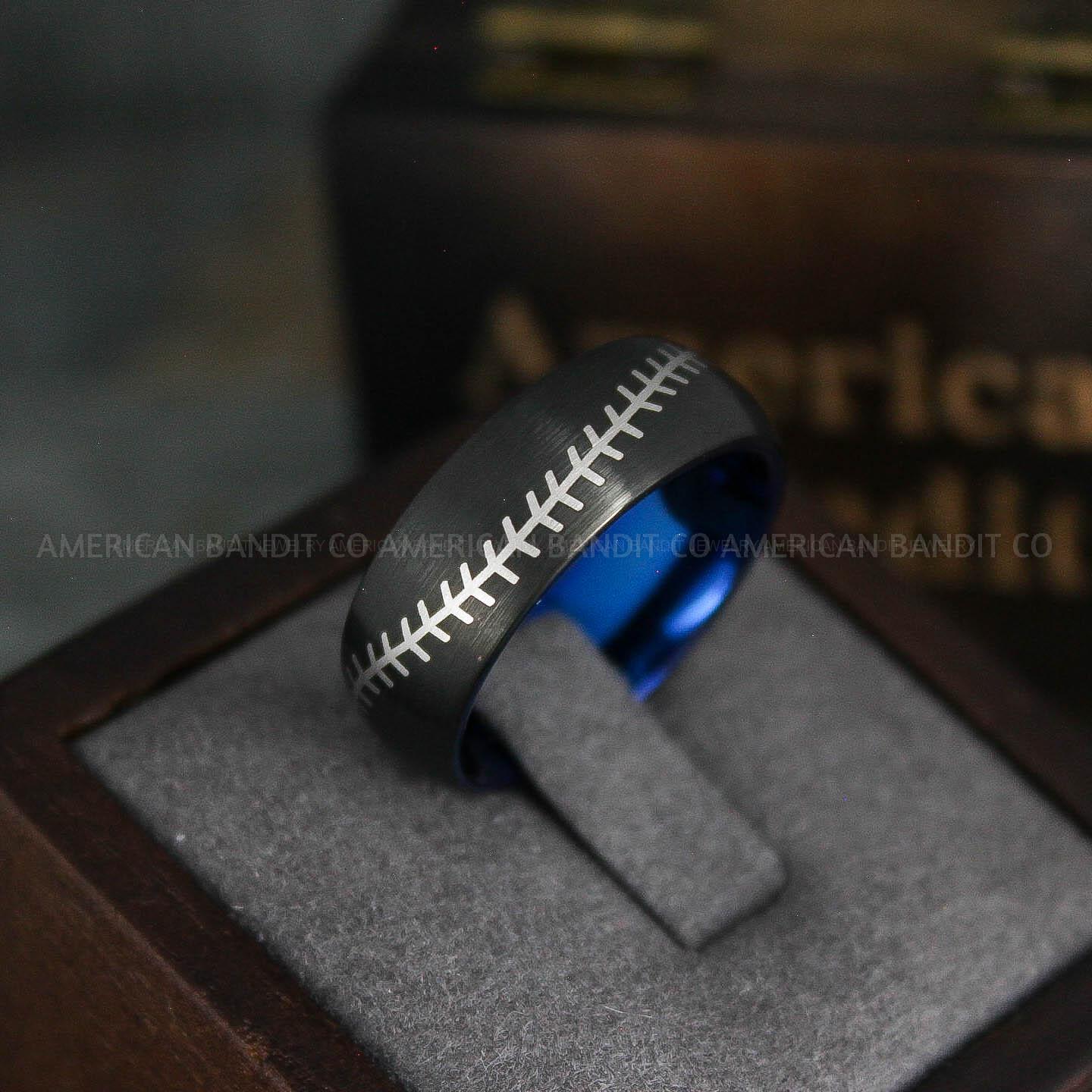 IMG_5565 Baseball Ring, Baseball Wedding Ring, Baseball Wedding Band, Black Ring, Black Wedding Band, Blue Baseball Wedding Band, Baseball Jewelry - Image 1